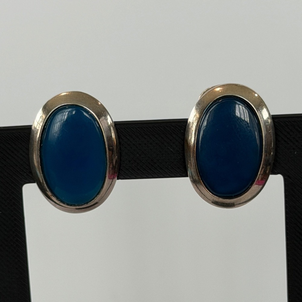Vintage Sterling Silver Blue Cabochon Clip On Earrings 925 Thailand Oval